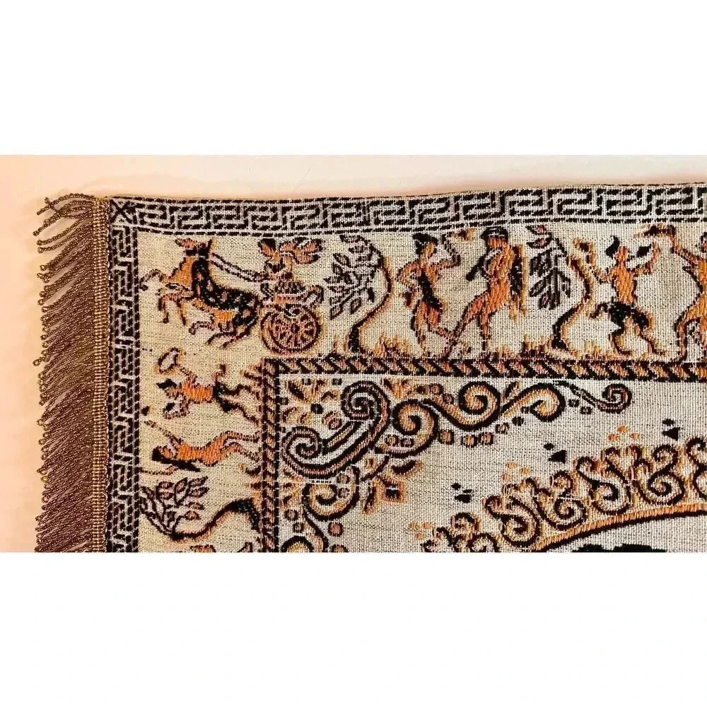Vintage Greek Mount Olympus Table Cloth‎ Tapestry Runner Fringe Rare